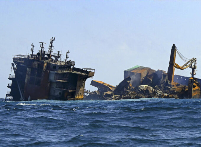 The Singapore-registered container ship MV X-Press Pearl carrying hundreds of containers of chemicals and plastics, as its towed away from the coast of Colombo in June 2021 © ISHARA S. KODIKARA / AFP/File