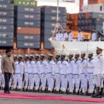 Sri Lankan President Anura Kumara Dissanayake at the commissioning ceremony of the offshore patrol vessel Samudravijaya, Port of Colombo, 4 June