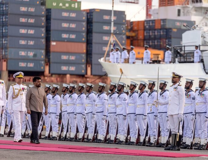 Sri Lankan President Anura Kumara Dissanayake at the commissioning ceremony of the offshore patrol vessel Samudravijaya, Port of Colombo, 4 June